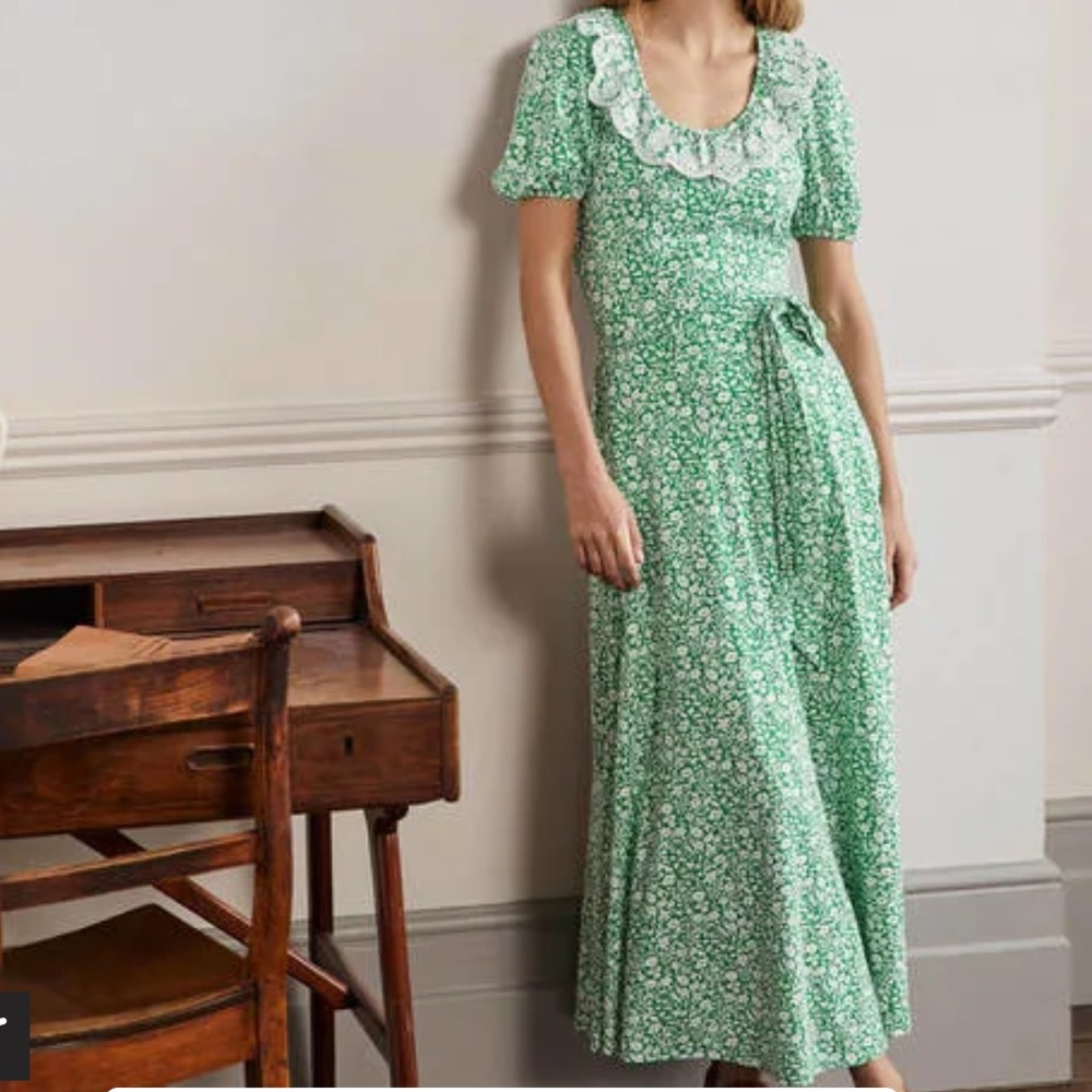 Boden Green Floral Midi Dress with Lace Collar